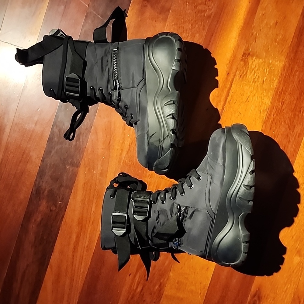 chunky platform black strappy military boots with zip pockets